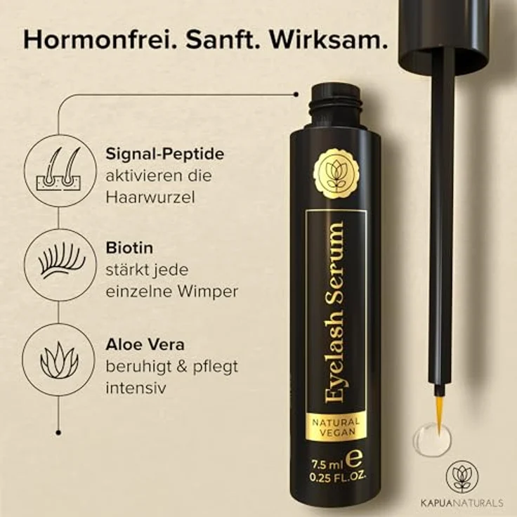 Kapua Naturals BIO Wimpernserum, Wachstum TESTSIEGER, hormonfrei, Multi-Peptid-Komplex, Koffein, Hyaluronsäure, Biotin, 7,5ml, Naturkosmetik Made in Germany – Bild 3