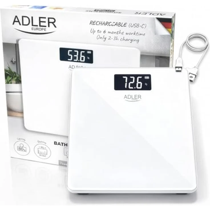 ADLER EUROPE AD 8194W Personenwaage, digitale Glaswaage mit USB-C Akku, max. 180 kg, schwarzes Design – Bild 5