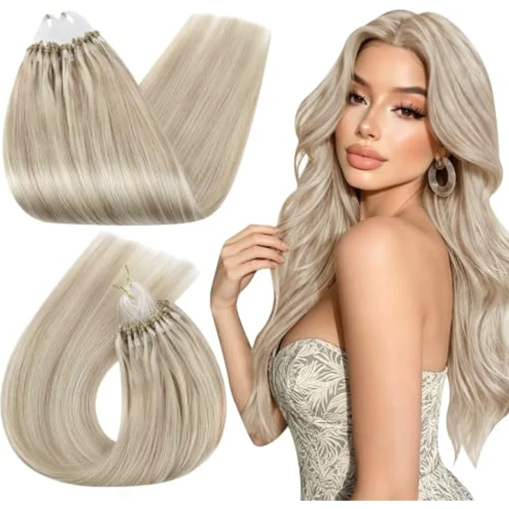 Ugeat Echthaar Extensions Micro Ring, Asch Blond #18/613, 55 cm, 50 Strähnen à 1 g, hitzebeständig bis 180 °C – Bild 1