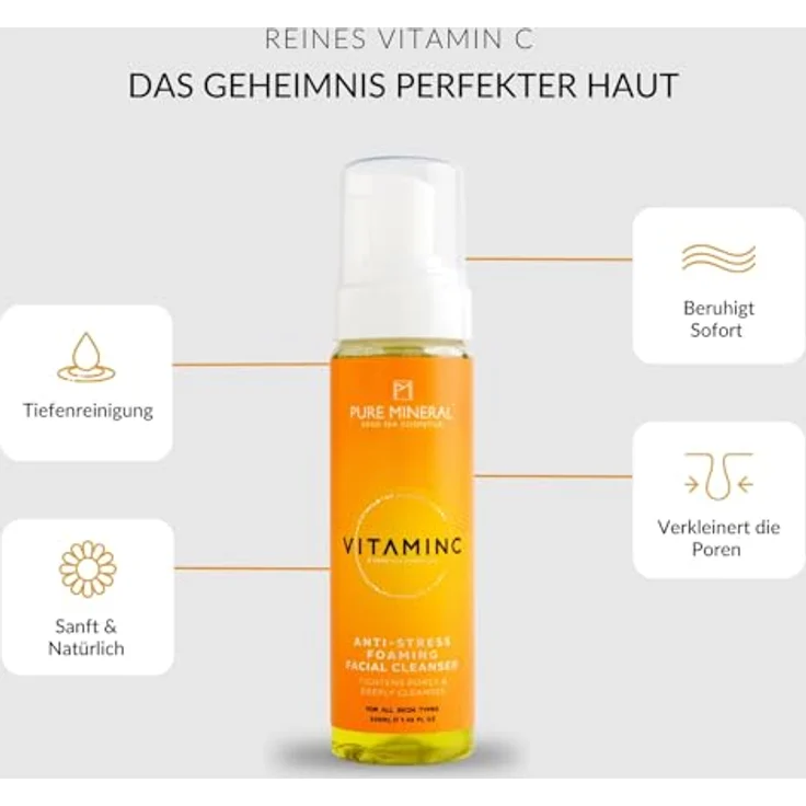 M PURE MINERAL DEAD SEA COSMETICS Pure Mineral Anti-Stress-Schaumreiniger, tiefenreinigend mit Mineralien aus dem Toten Meer und Vitamin C, 220ml, für alle Hauttypen, ohne Silikone, Sulfate und Parabene – Bild 2