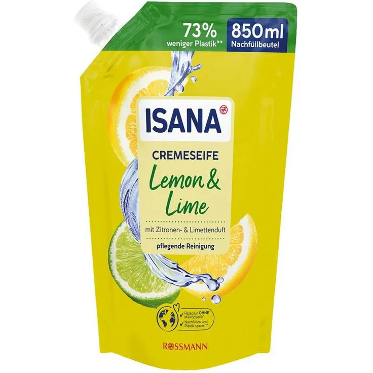 ISANA Flüssigseife Lemon & Lime, 850 ml Nachfüllbeutel, dermatologisch getestet, pH-hautneutral, ohne Mikroplastik, klimaneutral hergestellt