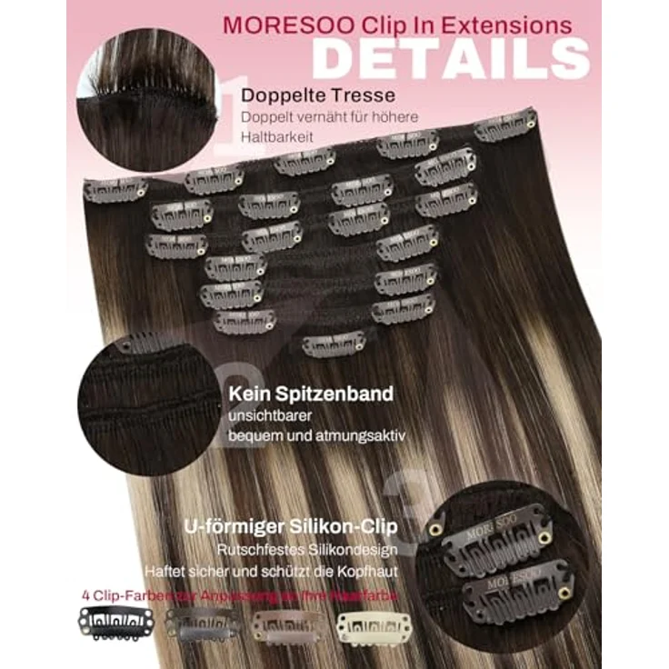 Moresoo Clip in Extensions Echthaar Balayage Remy, Ombre Dunkelbraun mit Karamellblond, 7pcs 120g, 45 cm – Bild 4