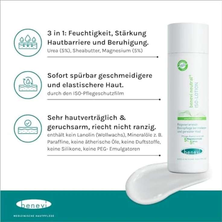 beneví neutral ISO-Lotion 200ml, Bodylotion für sehr trockene Haut mit 5% Urea und 5% Magnesium, wohltuender Schutzfilm, ohne Duftstoffe, Made in Germany – Bild 2