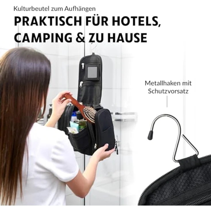 Obics Kulturbeutel Damen & Herren Gross schwarz 8L XXL - Kulturtasche zum Aufhängen, mit Spiegel - Outdoor Kosmetik-Tasche groß als Geschenke-Set mit 10 Fächer für Camping & Reisen – Bild 3