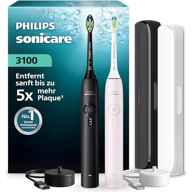 Philips Sonicare Series 3000, Elektrische Zahnbürste mit Drucksensor, 3 Intensitäten, EasyStart, SmarTimer, 14 Tage Akkulaufzeit, Reiseetui, Schwarz & Rosa, 2er Set, HX4072/42, [Neu] – Bild 1