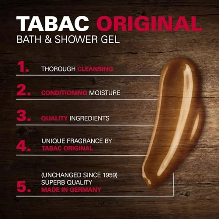 Tabac Original Bade- und Duschgel für Männer, 200 ml, klassischer maskuliner Duft mit würzigen, holzigen und moschusartigen Noten, pflegende Formel für Frische und Feuchtigkeitsversorgung der Haut – Bild 2