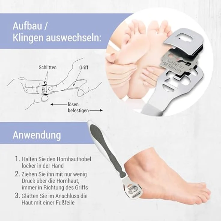 TITANIA Hornhauthobel, professioneller Hornhautentferner aus rostfreiem Edelstahl mit 10 Ersatzklingen, grau – Bild 4