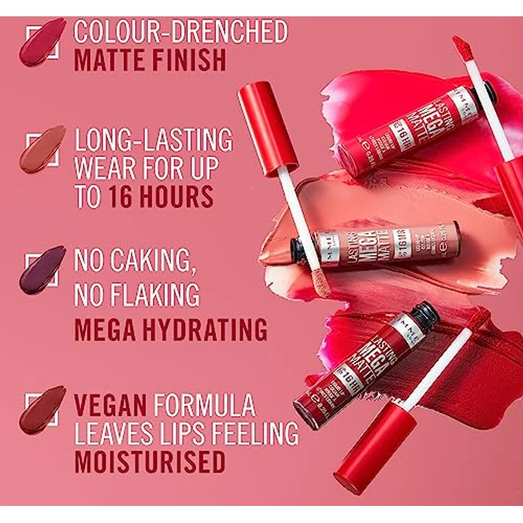Rimmel London Flüssiger Lippenstift Lasting Mega Matte, flüssiger Lippenstift für weiche Lippen mit Finish Matte, vegane Formel mit Squalen und Kokosöl - 210 Rosen & Glanz, 7,4 ml – Bild 4