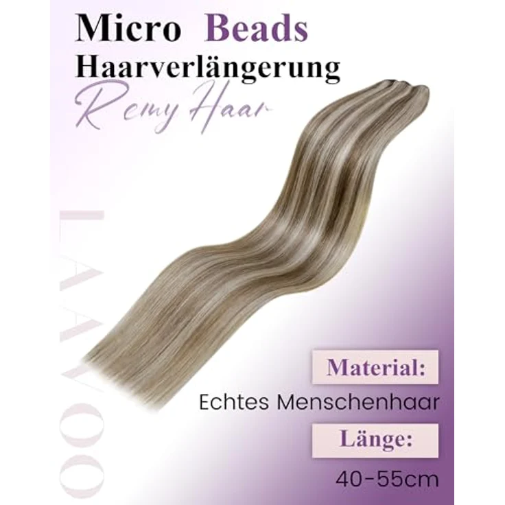 LaaVoo Tressen Echthaar Extensions #P8/60, 50g Blond Highlighted Microbead, 45cm, Remy menschliches Haar, wiederverwendbar und schadensfrei – Bild 5