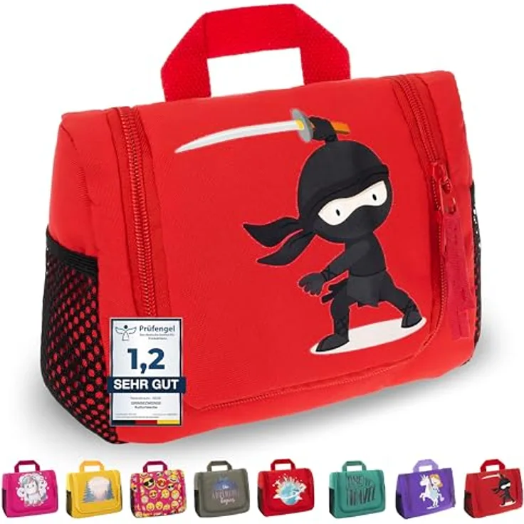 GRINSEZWERGE Kinder Kulturtasche, Reise Kulturbeutel zum Aufhängen mit 3 Reißverschluss- und 4 Netztaschen, Premium Qualität, inklusive abnehmbarem Spiegel und Namensschild