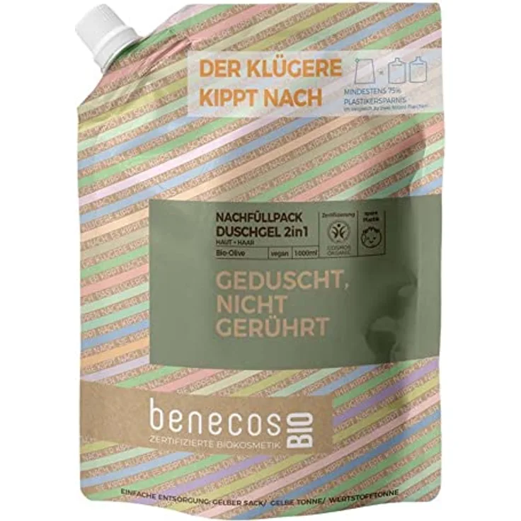 benecos benecosBIO Nachfüllbeutel Duschgel 2in1 BIO-Olive für Haut & Haar, fruchtig-süß, vegan, recyceltes Plastik