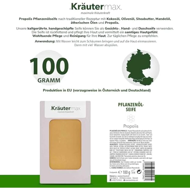Kräutermax Propolis Pflanzenöl Seife 1 x 100 g, Handseife mit natürlichen Inhaltsstoffen und rückfettender Wirkung – Bild 2