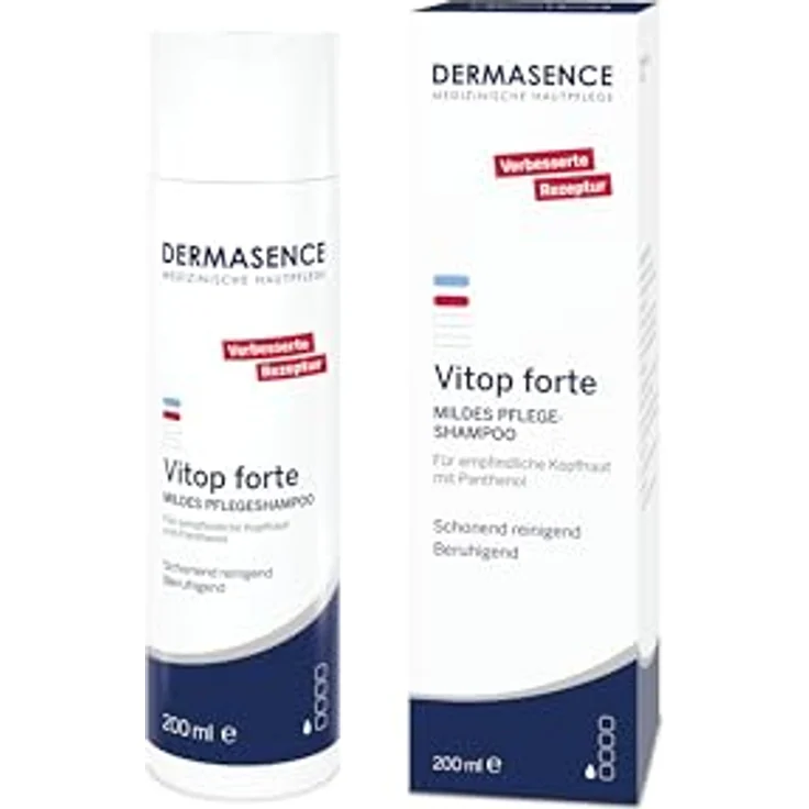 DERMASENCE Vitop forte Mildes Pflegeshampoo, 200 ml - Schonende Reinigung für trockene und sensible Kopfhaut, rückfettend, brennt nicht in den Augen, auch für Kinder, pH-hautneutral – Bild 1
