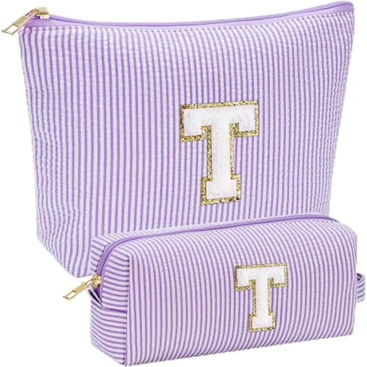 Parima Kosmetiktasche Damen, personalisierte lila Make-up-Tasche mit Buchstaben T, 2 Größen, ideal für Frauen und Mädchen