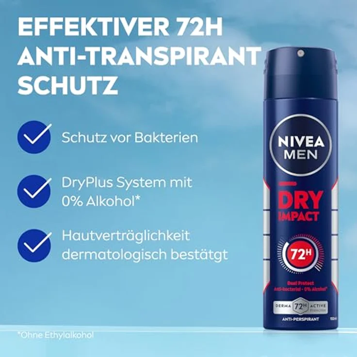 NIVEA MEN Dry Impact Deo Spray, Antitranspirant mit 72h Schutz, alkohol- und farbstofffreies Deodorant, 150 ml – Bild 2