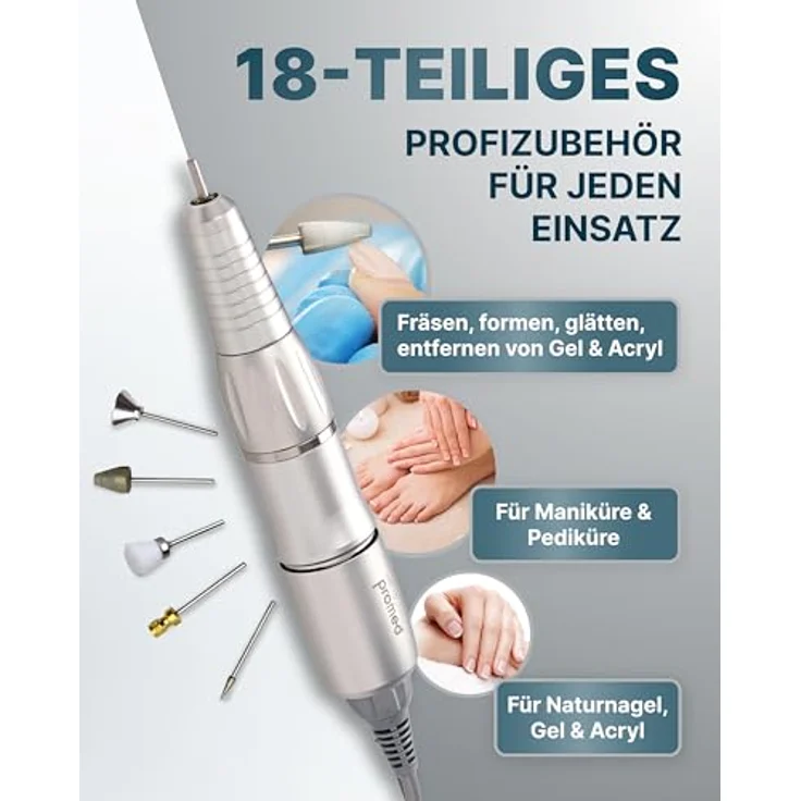 Promed the file 1130 elektrische Nagelfeile, Professioneller Nagelfräser inkl.18-teiligem Profizubehör für Nailart/Nageldesign, elektrisches Nagelfräser-Set für Maniküre/Pediküre, 30000 U/min – Bild 6
