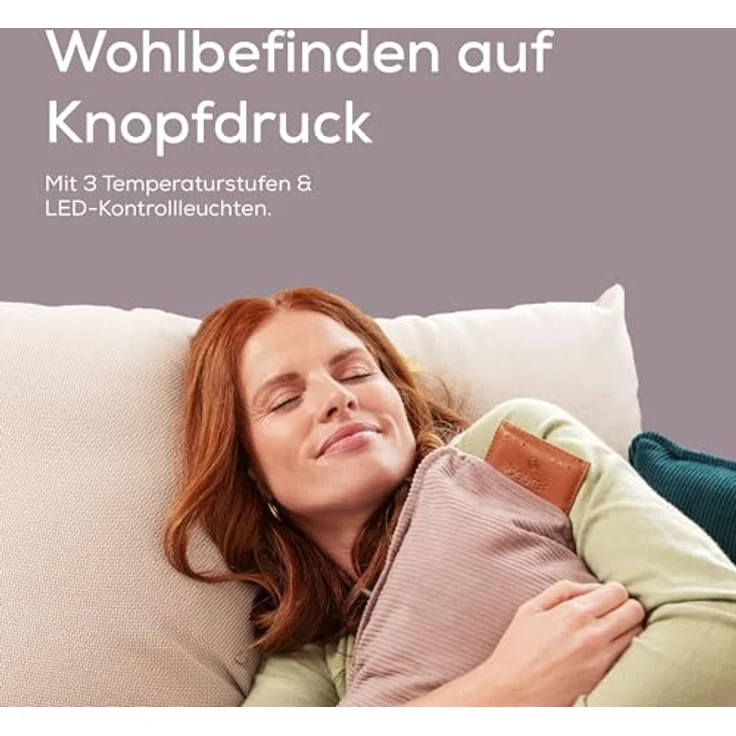 Beurer Heaty Heizkissen, kabelloses Wärmekissen mit Akku, bis zu 8 Stunden Wärme, Abschaltautomatik, 3 Temperaturstufen, Schnellheizung, weicher Cordstoff, lavender-lilac/lila – Bild 5