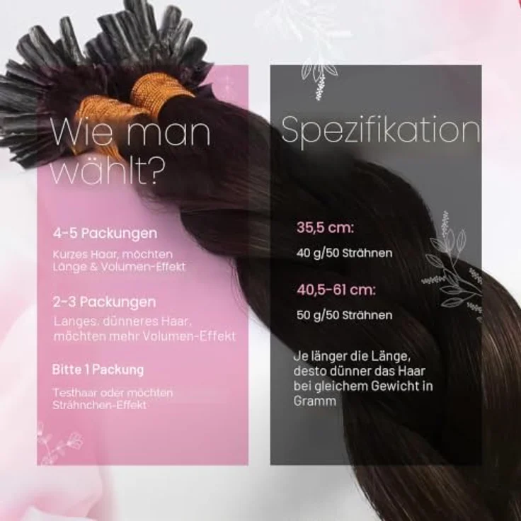 Moresoo Keratin Bonding Extensions, Echthaar Nahtlos, Dunkelbraun, 40 cm, 50g, Italienischer Keratinbonding für unsichtbares Finish – Bild 3