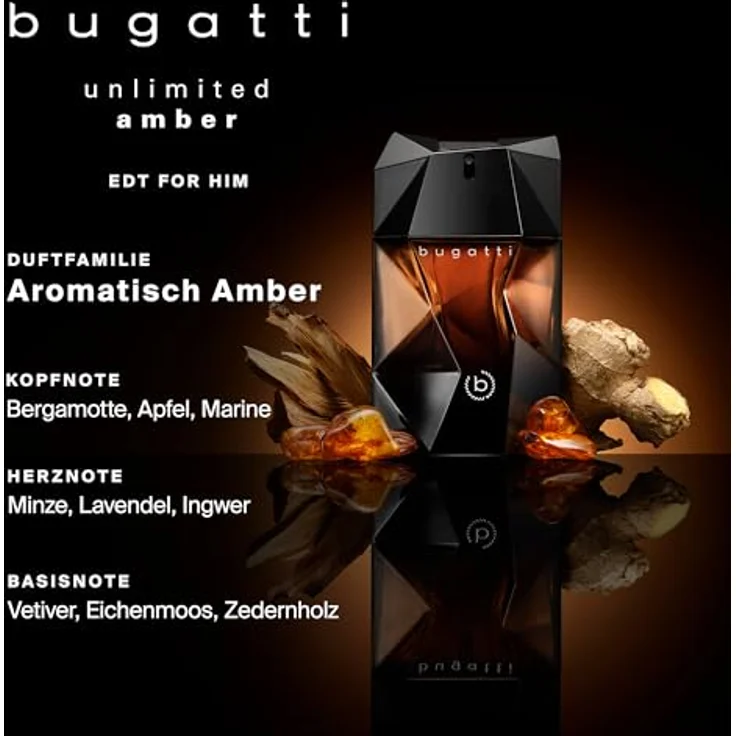 Bugatti Herren Parfüm „Unlimited Amber“, 100 ml Eau de Toilette mit Bergamotte, Apfel, marinen Noten & Zedernholz, frisch, elegant & ausgewogen – Bild 4