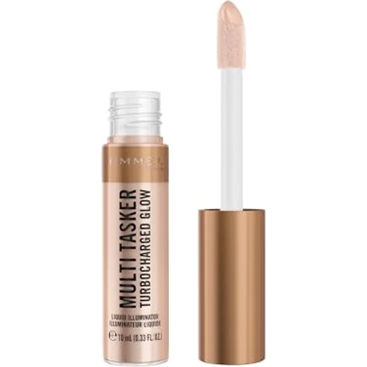 Rimmel London Multi Tasker Turbocharged Glow 004 Chelsea Glow, flüssiger Gesichtshighlighter mit lichtreflektierenden Perlen, Vitamin C & E, vegane Formel, 10 ml – Bild 1