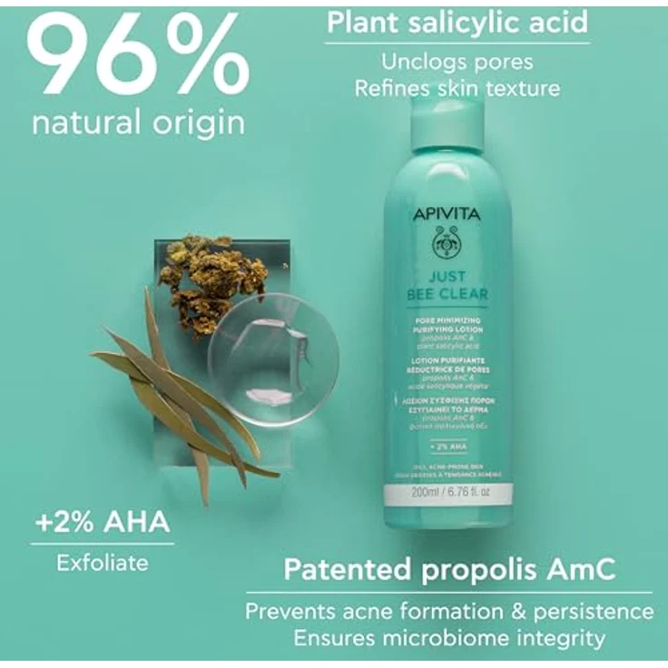 Apivita Just Bee Clear, porenverfeinernde Reinigungslotion für fettige und akneanfällige Haut, mit patentiertem Propolis AmC und pflanzlicher Salicylsäure, 200 ml – Bild 3