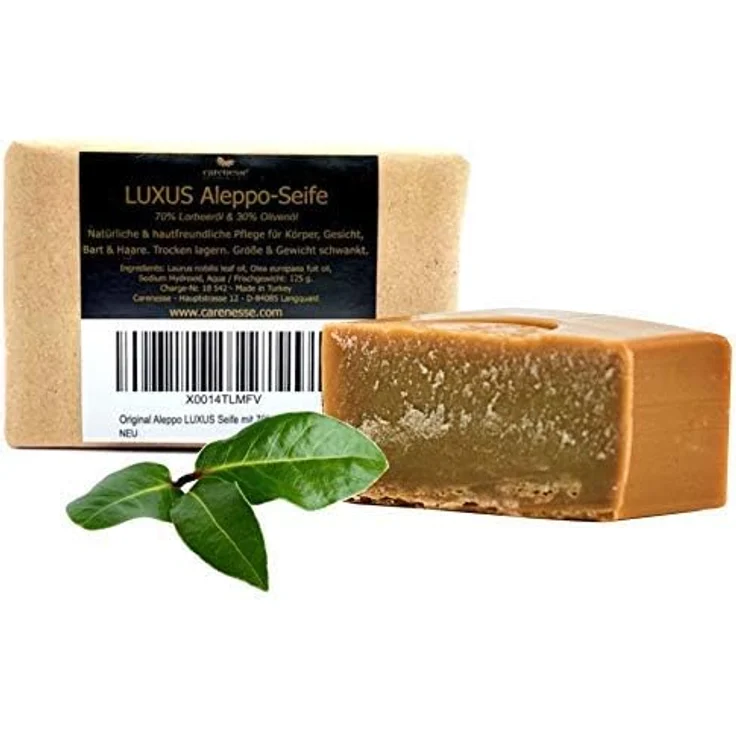 Carenesse® Original Aleppo LUXUS Lorbeeröl & Olivenöl Seife, 70% Lorbeeröl, 30% Olivenöl, veganes Naturprodukt, Hand- und Haarwaschseife, 125g – Bild 2