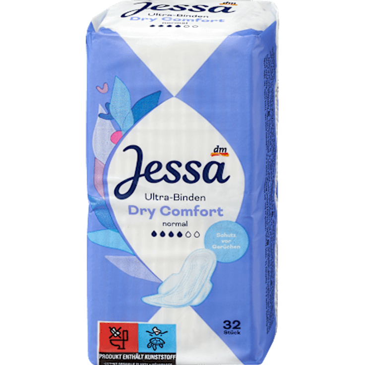 Jessa Ultra-Binden Dry Comfort Normal mit Flügeln, 32 Stück – trockener Tragekomfort, Geruchsschutz, sichere Flüssigkeitsverteilung