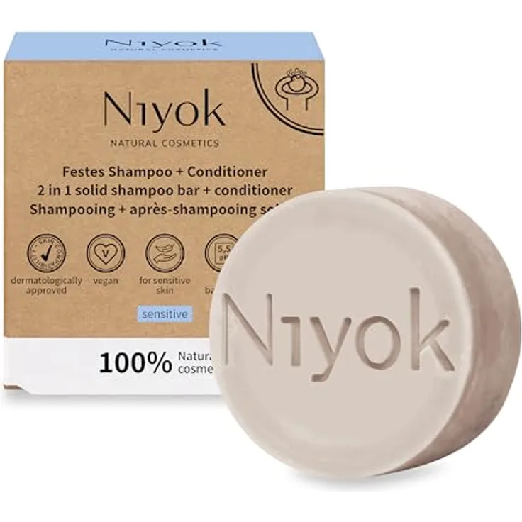 Niyok® 2-in-1 Festes Shampoo + Conditioner "Sensitiv" (80g) • Sensitiv Shampoo ohne Parfum • Parfümfreier Conditioner • Haarshampoo gegen Reizungen & gestresste Kopfhaut • Haarseife Vegan