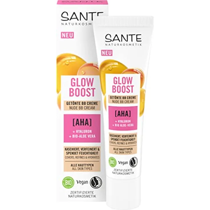 SANTE Naturkosmetik Glow Boost getönte BB Creme, pflegende Tagescreme mit AHA, Hyaluron und Bio-Aloe Vera, vegane Gesichtspflege für perfekten Glow mit Nude-Effekt, 30ml