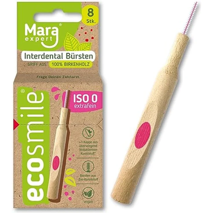 ECOSMILE INTERDENTALBÜRSTE von MARA ISO 0 - Pink – extra fein - 8 BÜRSTEN - 100% Birkenholz – FSC zertifiziert - nachhaltige Forstwirtschaft – Borsten aus nachwachsenden Rohstoffen