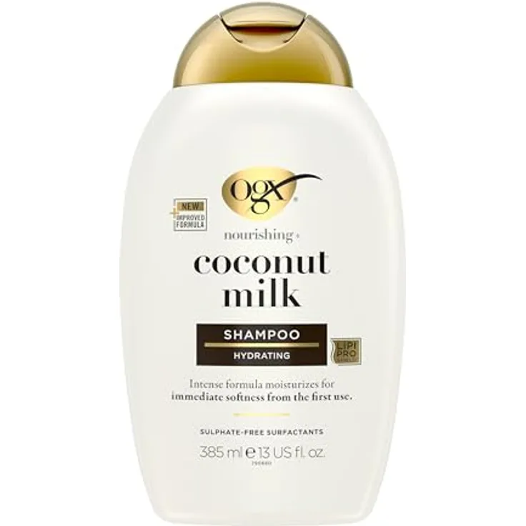 OGX Coconut Milk Shampoo 385 ml, feuchtigkeitsspendendes Haarshampoo mit Rizinusöl und Kokosöl, LipiPro Shield Technologie für geschmeidiges und glänzendes Haar