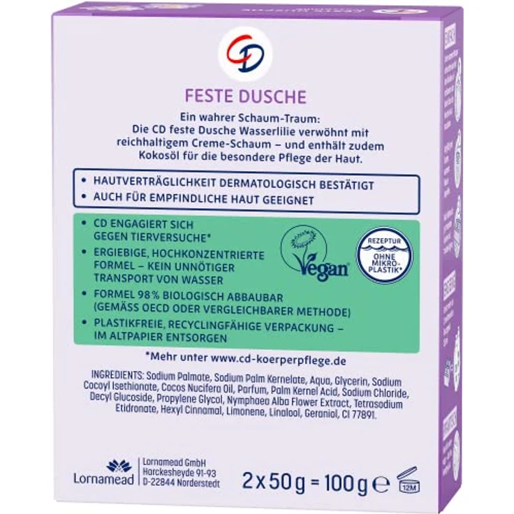 CD Feste Dusche 'Schaumtraum', 2 x 50 g, Duft nach Wasserlilie, mit Kokosöl, nachhaltiges Pflegeprodukt auch für empfindliche Haut, ohne Mikroplastik, vegan – Bild 3