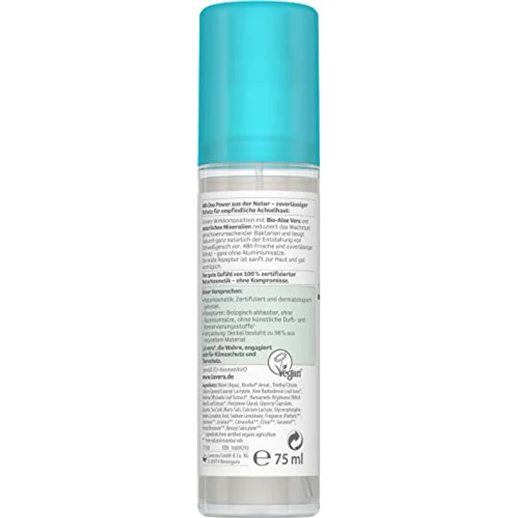lavera, Deo Spray basis sensitiv NATURAL SENSITIVE 48 h vegan Naturkosmetik BioAloe Vera Natürliche Mineralien ohne Aluminium milde Rezeptur 48 Stunden Deo Schutz 75 ml – Bild 2