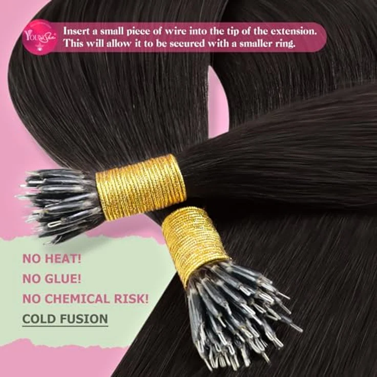 YoungSee Nanoring Extensions Echthaar Braun, 55cm, wiederverwendbar, 1g Nano Beads, für feines Haar, schonende Anwendung – Bild 4