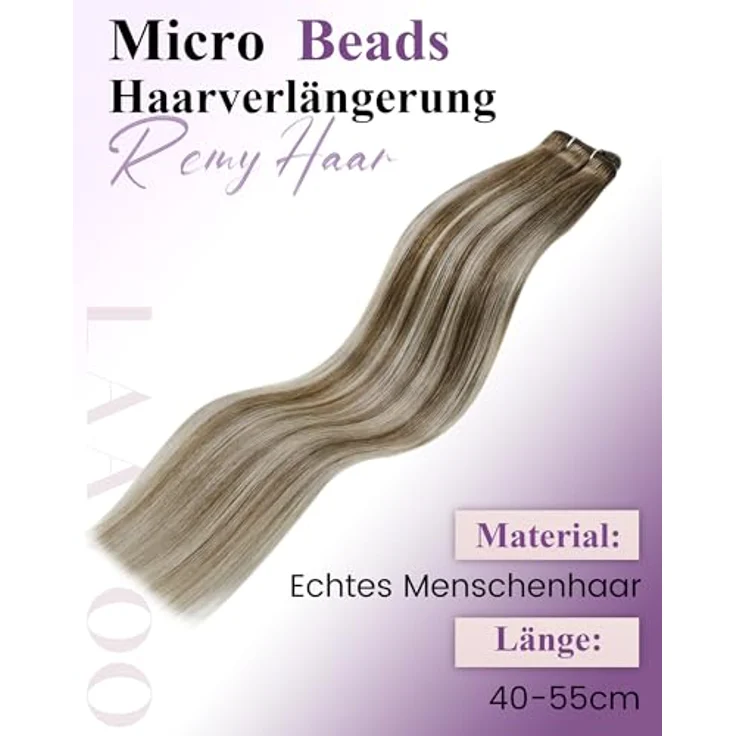 LaaVoo Microbead Extensions Echthaar, Braun Blond 45cm, Remy Echthaar, #8/60/8, Kleberfrei, Wiederverwendbar, Nahtlose Verschmelzung – Bild 5