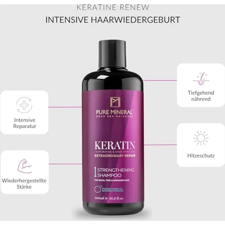 M PURE MINERAL DEAD SEA COSMETICS Pure Mineral Keratin-Shampoo 500ml, reparierend, nährend, Anti-Frizz, ohne Sulfate, Parabene, Petrolate – Bild 2