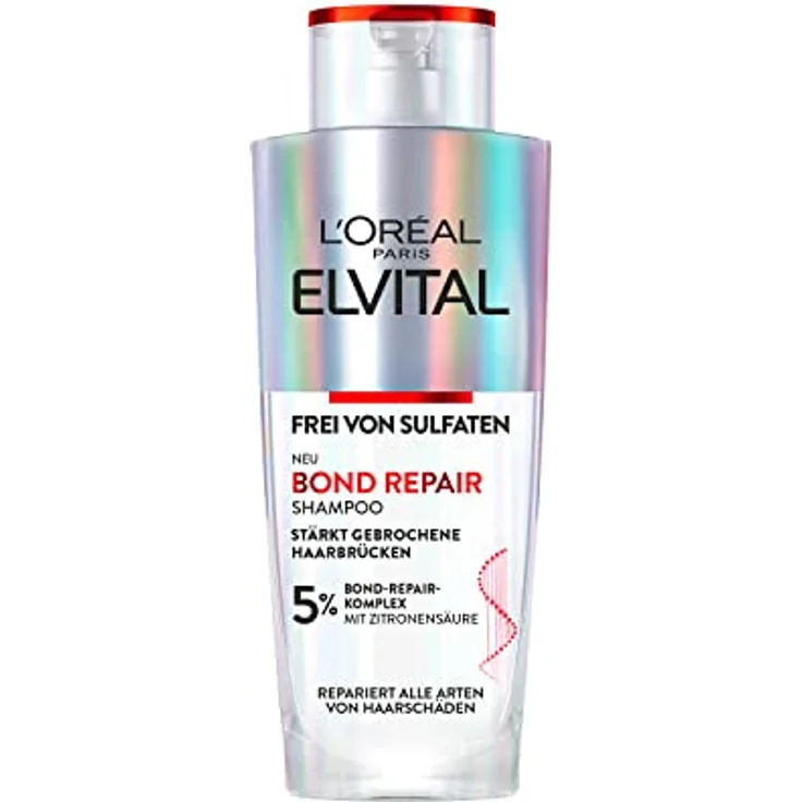 L'Oréal Paris Elvital Repair Shampoo für eine sanfte Reinigung, Mit Bond-Repair-Komplex und Zitronensäure, Für weniger Haarbruch und mehr Glanz, Sulfatfrei, Bond Repair, 1 x 200 ml – Bild 1
