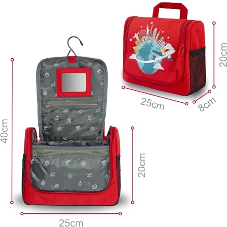 GRINSEZWERGE Kulturtasche Reise Kulturbeutel mit 12 Motiven, 25 x 20 x 8 cm, zum Aufhängen mit Metallhaken, 3 Reißverschluss- & 4 Netztaschen, inkl. herausnehmbaren Spiegel, für Kinder und Erwachsene – Bild 2
