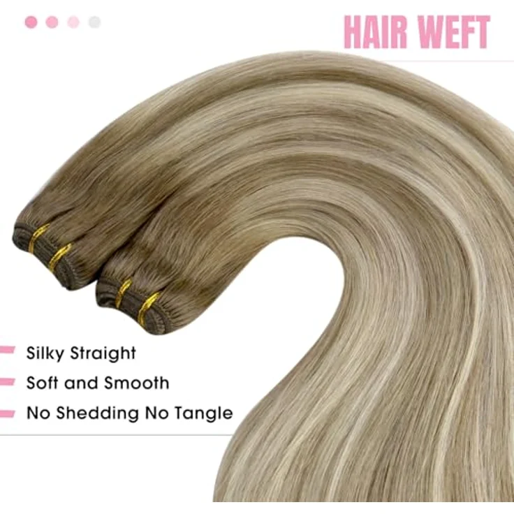 YoungSee Echthaar Tressen 35 cm, Ombre Blond Extensions zum Einnähen, Mittelbraun-Platinblond, 100g, Doppelt, verwicklungsresistent, vielseitig stylbar – Bild 4