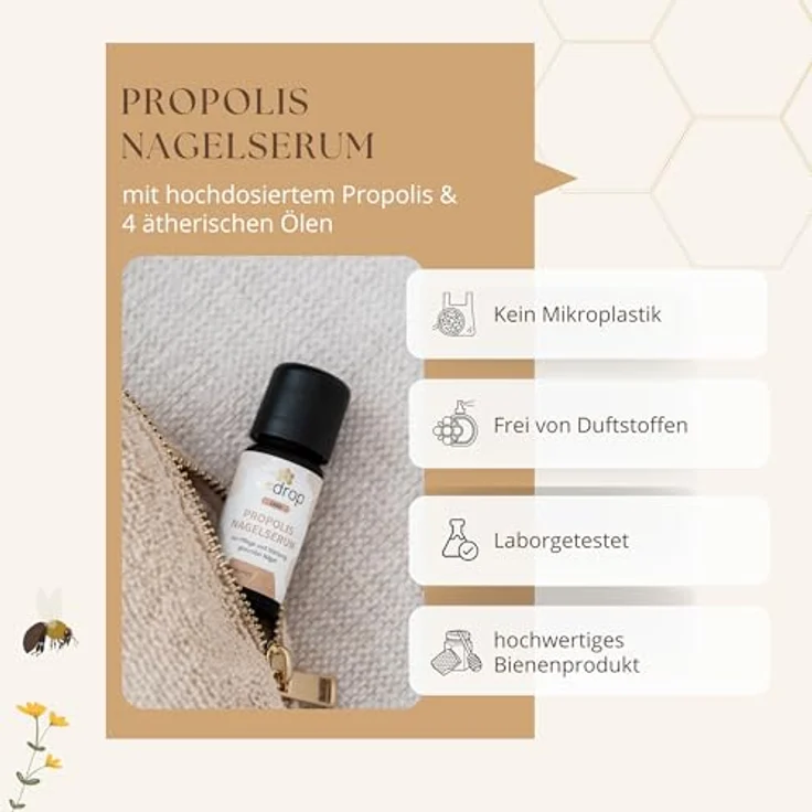bedrop Propolis Nagelserum 10ml zur Nagelpflege & Stärkung natürlicher Nägel mit Propolis Teebaumöl Lavendelöl & weiteren Ölen, Glasverpackung, Made in Germany – Bild 3