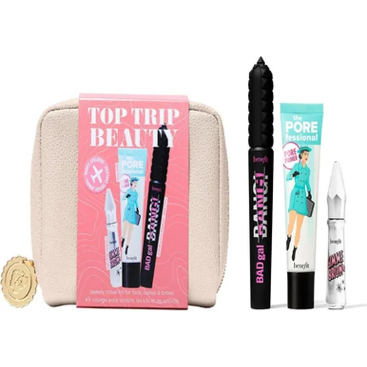 Benefit Top Trip Set, Make-up Geschenkbox mit Primer 22 ml, Badgal Bang Mascara 8,5 g, Brow 3 g und Pouch