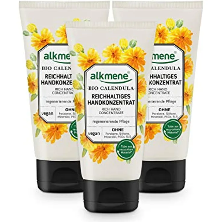 alkmene Handkonzentrat mit Bio Calendula - Reichhaltige Handcreme für sehr trockene Hände & rissige Hände - vegane Creme ohne Silikone, Parabene, Mineralöl, PEGs, SLS & SLES im 3er Pack (3x 75 ml)