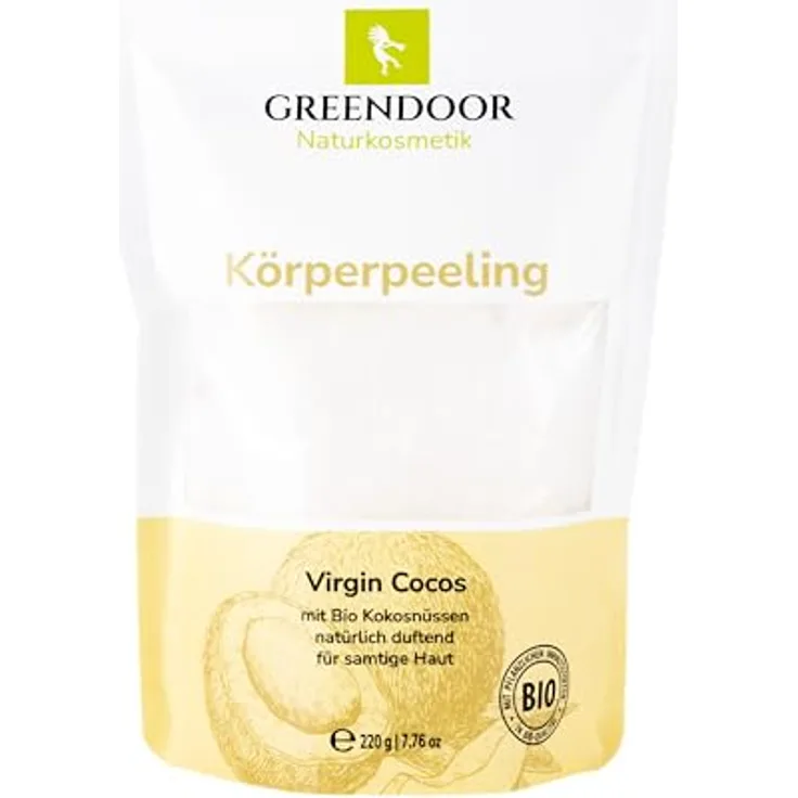 GREENDOOR Körperpeeling Kokosöl VIRGIN 220g, Zuckerpeeling gegen Unreinheiten, Falten, Cellulite
