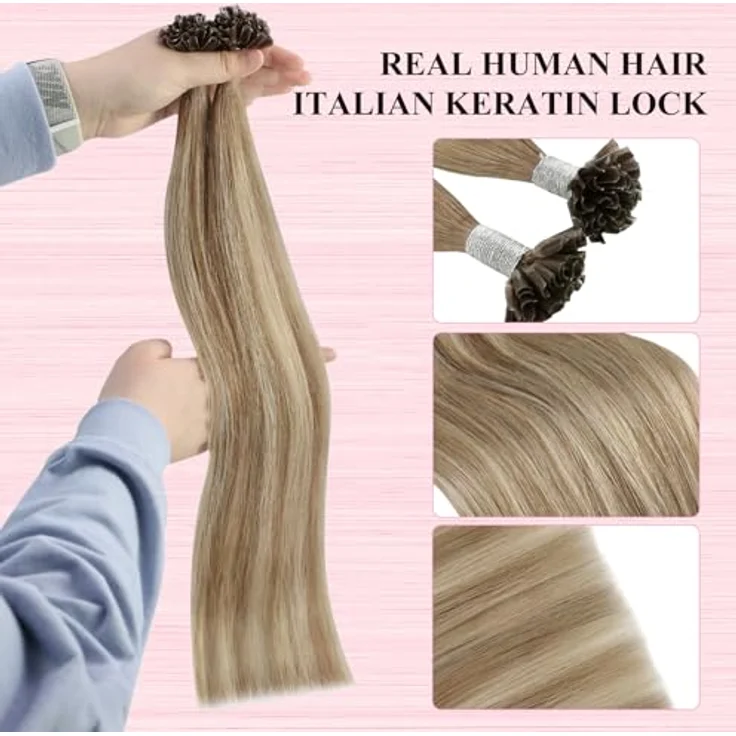 YoungSee Echthaar Bondings Ombre, U Tip Extension 35cm, 40g, Hellbraun-Platinblond, Keratin Bonding Remy, Hot Fusion – Bild 3