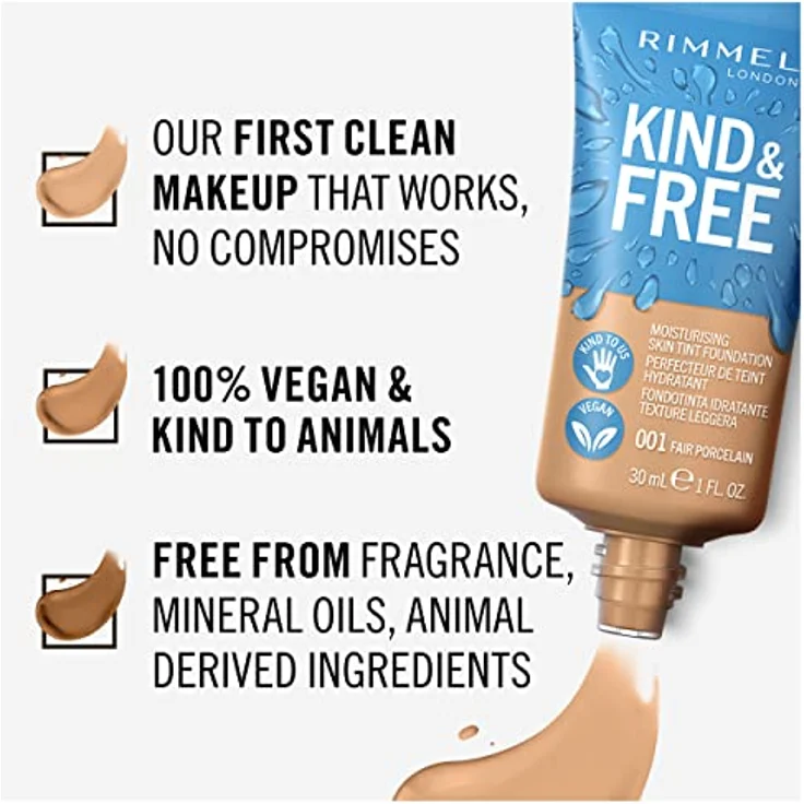 Rimmel Kind & Free, leichtes feuchtigkeitsspendendes Make-up mit veganer Formel, Farbton 001 Fair Porcelain, 30 ml – Bild 4