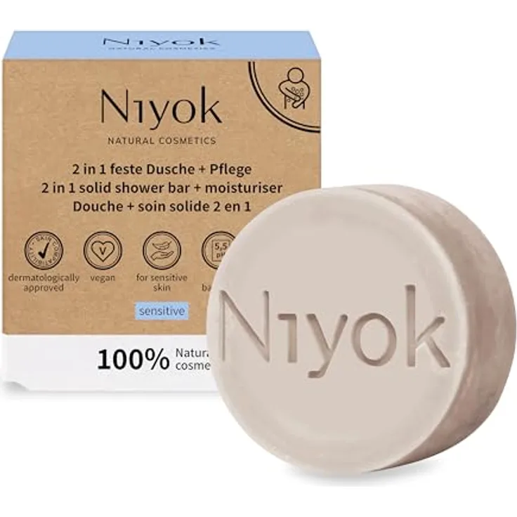 Niyok® 2-in-1 Feste Dusche + Pflege "Sensitiv" (80g) • Milde Naturkosmetik Duschseife • Festes Duschgel für empfindliche Haut • Plastikfrei & Vegan • Duftfrei