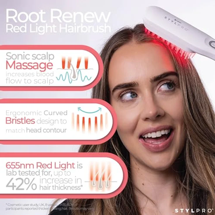 STYLPRO Rotlicht Haarbürste Root Renew, 49x 655nm LEDs, stimuliert Haarwachstum, ergonomische flexible Borsten, wiederaufladbar, tragbares Design, Kopfhautmassage mit Ultraschall – Bild 5
