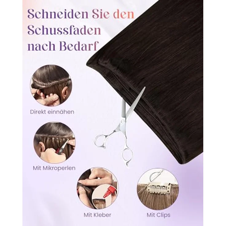 LaaVoo Echthaar Tressen Extensions Dunkelbraun, Remy Haarverlängerung zum Einnähen, 35cm, 80g, glatt – Bild 4