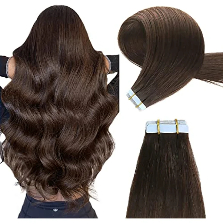 YILITE Tape in Extensions Echthaar 40cm #2 Dunkel Braun, Gerade und Nahtlos, 20 Stück Packung, Remy Haarverlängerungen – Bild 1