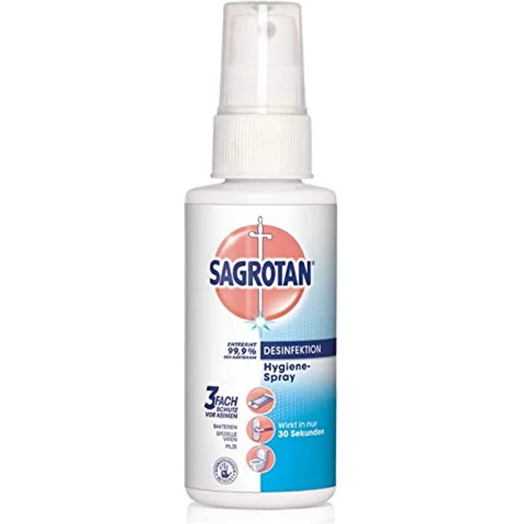 SAGROTAN Hygiene-Pumpspray 100 ml Oberflächen-Desinfektionsmittel, entfernt 99,9% der Bakterien, ideal für unterwegs